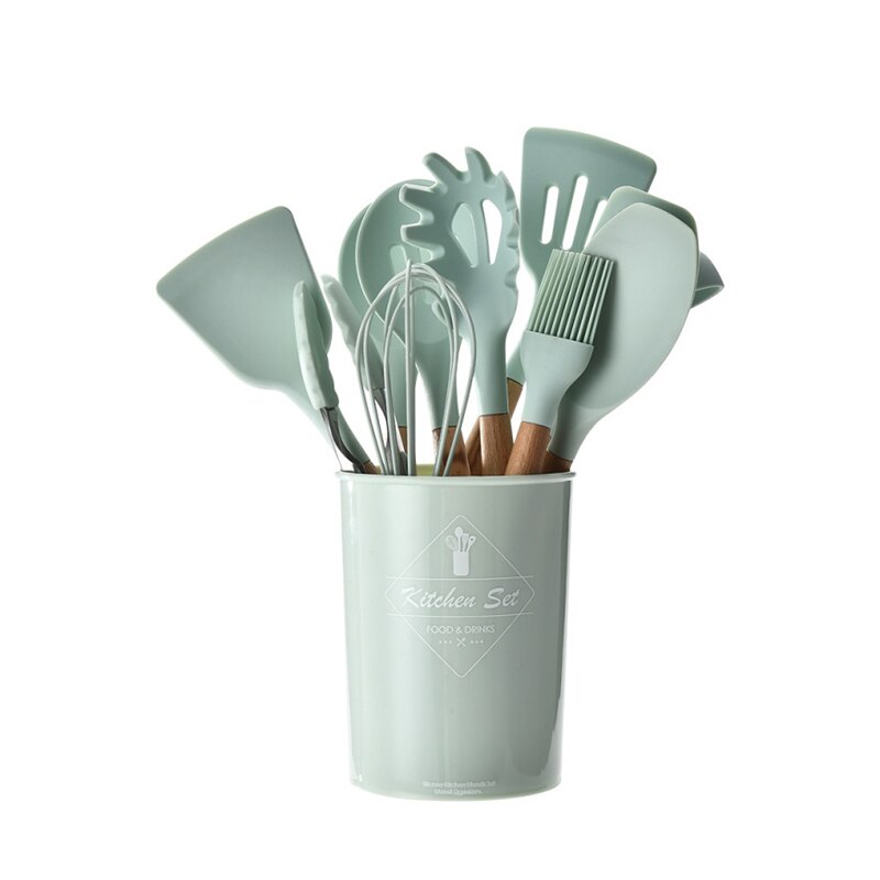 12/11PCS White Silicone Kitchenware Cooking Utensils Set Heat resistant Non-Stick Pan Cooking Spatula Spoon Wooden Handle: Blue