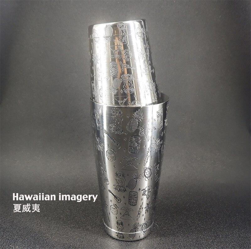 Style Boston Cocktail Shaker With Etched Pattern Tin Set - 800ml &amp; 500ml