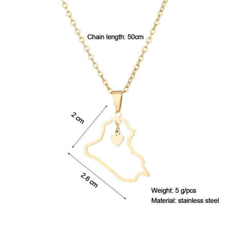 Stainless Steel Heart/Cross Republic Of Iraq Map Pendant Necklace Gold/Steel Color Iraqi Men Women Ethnic Jewelry: Heart Gold / 50cm