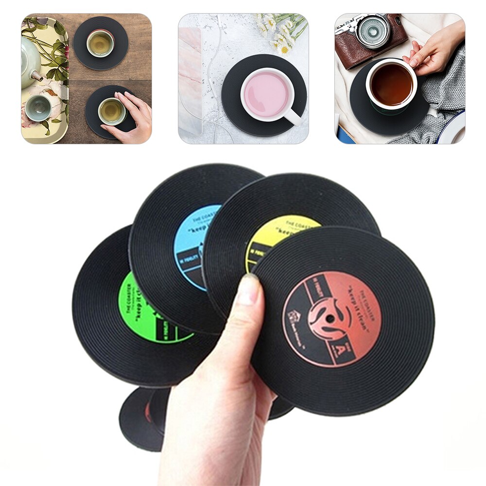Bord cd måtte retro vinyl plade drinks bordskånere bord kop måtte drikke holder hjemmeindretning pvc trykt mønster anti fade