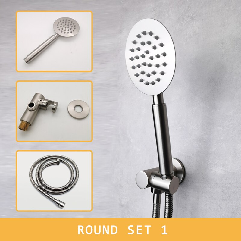 Bathroom Shower Set Brushed Nickel Stainless Steel Matt Silver Round Square Hand Shower High Pressure with Holder 1.5m Hose: Round Set 1