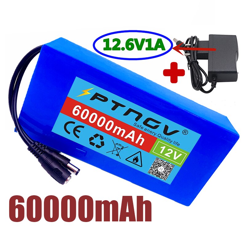 100% Portable 12V 60000mAh Lithium-ion Battery pack DC 12.6V 60Ah battery With EU Plug+12.6V1A charger
