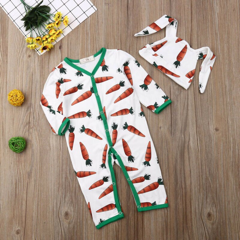 Cute Newborn Kids Baby Boys Girls Carrot Clothes Romper Jumpsuit Hat Warm Outfit