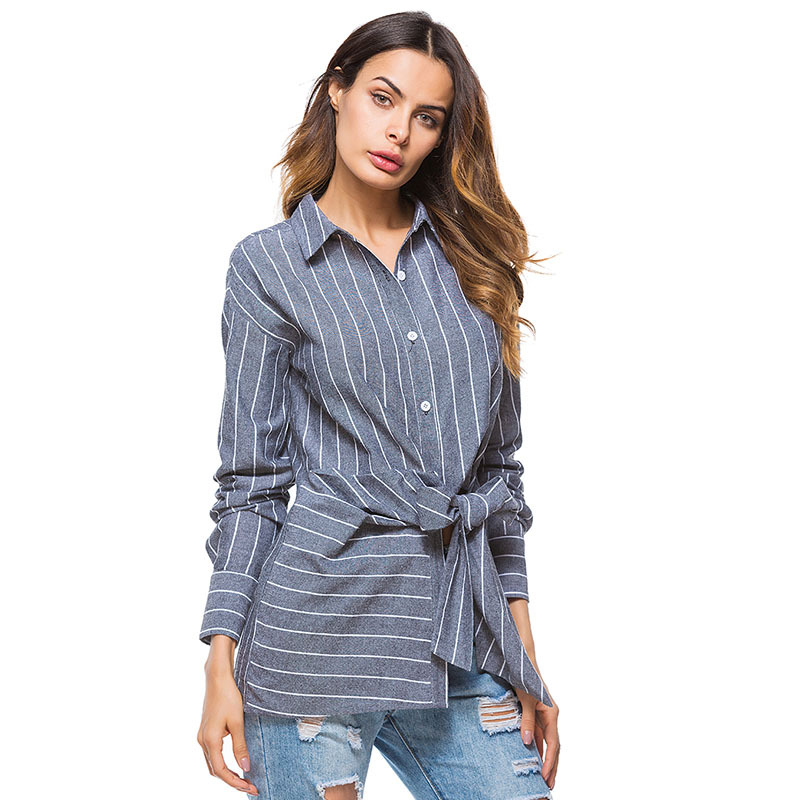 Las mujeres blusa de rayas camisa túnica blusa solapa de manga larga de rayas camisas Tops de oficina de mujer Blusas Camisa larga para las mujeres