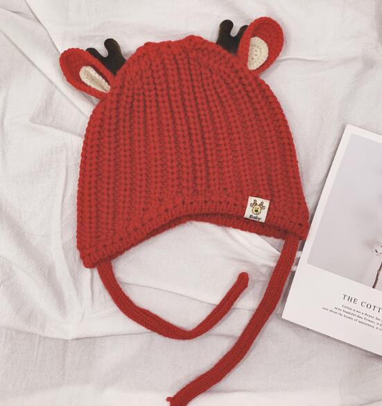 Baby Boys Girls Reindeer Beanie Hat Kids Christmas Hats Knit Cap Elk Horn Winter Hat: Red