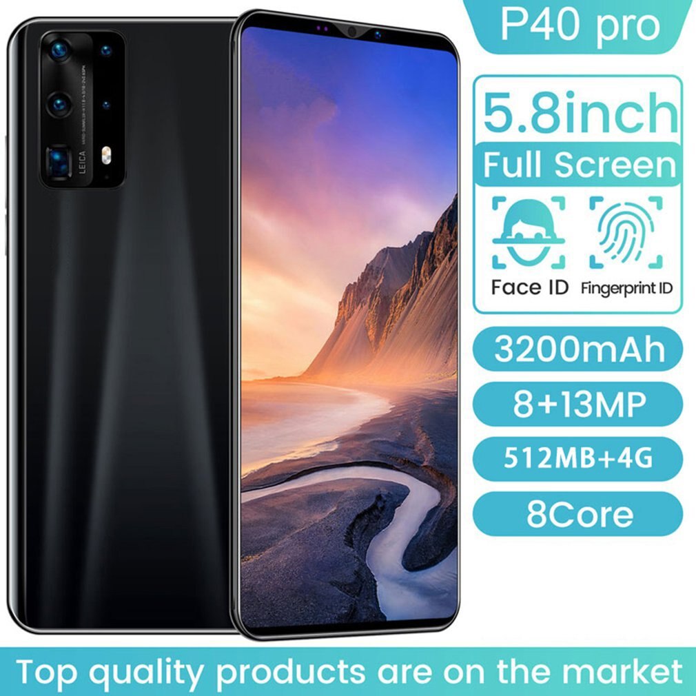 Dual-core  p40 pro smartphone 5.8 tommers skjerm smarttelefon 512m+4g android smarttelefon 3d glassbelagt bakdeksel svart