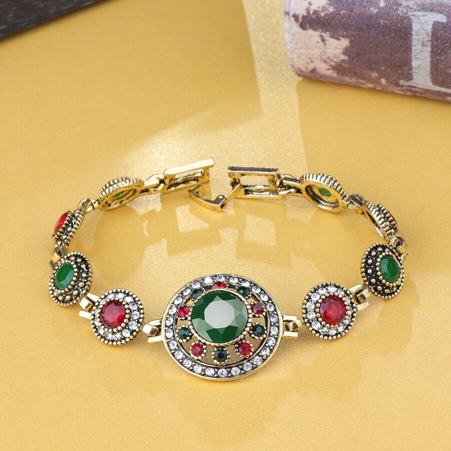 Wbmqda Big Stone Crystal Flower Armbanden Voor Vrouwen Antieke Gouden Kleur Indian Vintage Sieraden Turkse Armband