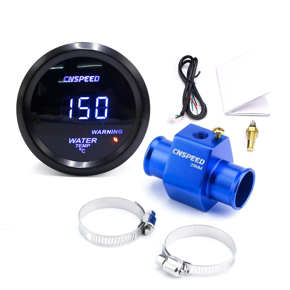 CNSPEED-indicador Digital de temperatura del agua para coche, 2 pulgadas, 52MM, Led azul, 40-150 Celsius, adaptador de Sensor de tubería de junta de temperatura del agua, 1/8NPT: With 28mm adapter