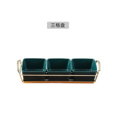 Simple Art Luxury Ceramic Handle Fruit Snack Plate Home Dark Green Phnom Penh Grid Plate Snack Dried Fruit Plate with Iron Shelf: C-3pcs