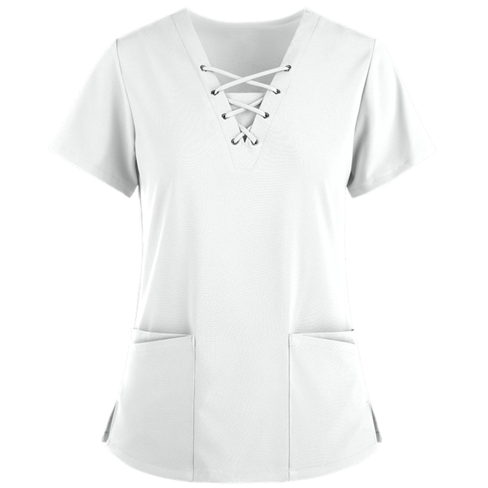 De talla grande de las mujeres manga corta con cuello en V de Tops de Color liso de uniforme de trabajo camisetas transpirable ropa de protección clínica: Blanco / S