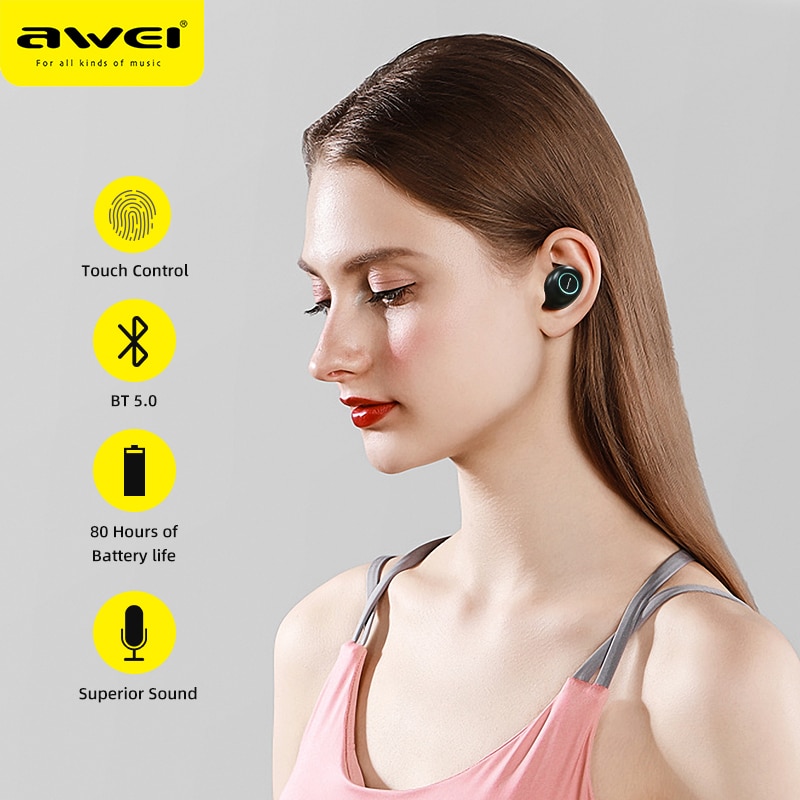 AWEI T19 Waterproof True Wireless Earbuds TWS Bass Bluetooth5.0 Gaming Earbuds Powerful HiFi Sound With Dual Mic