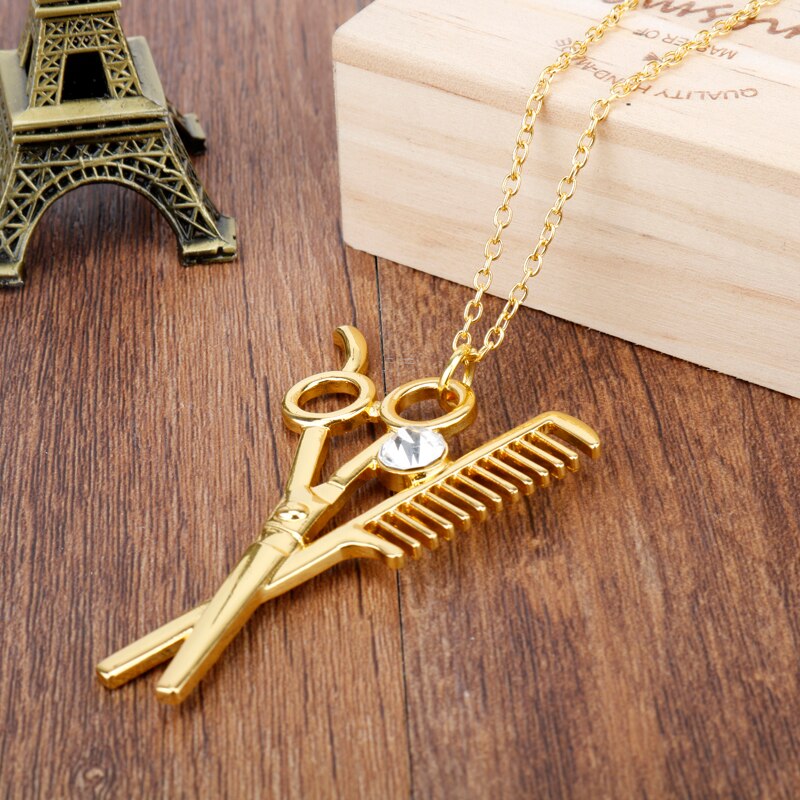 dongsheng Combs Scissors Pendant Rose Gold Scissors jewelry Cosmetologist hair Dresser Rhinestone Necklace Hairdresser