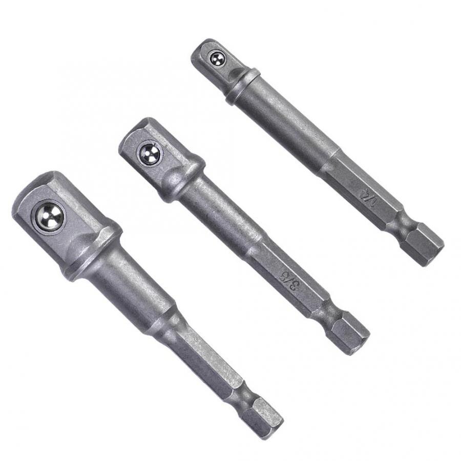 3 stk nøgletype borestykke adapter 1/4 sekskantet skaft  to 1/4 3/8 1/2 firkantet borehoved: Sølv