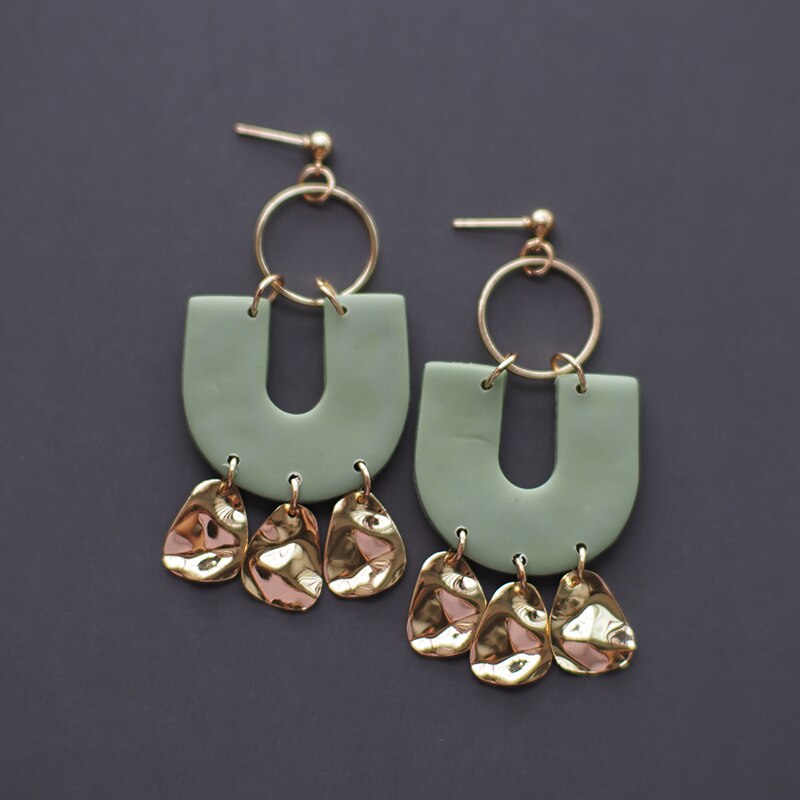 Handmade Gold Foil Abstract Pattern Polymer Clay Earrings Geometric Dangle Pendant Statement Art Earrings: lime green