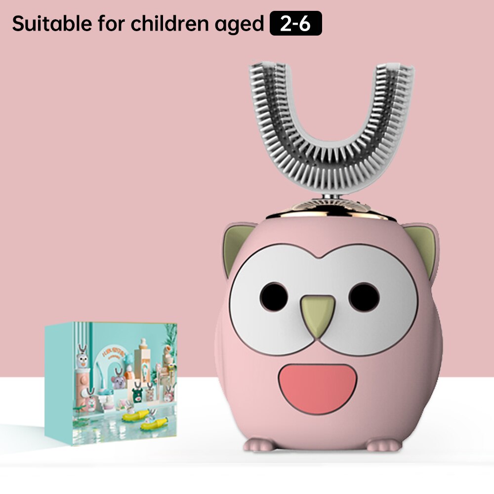 Smart 360 Degress U Sonic Electric Toothbrush Kids Silicone Automatic Ultrasonic Tooth Brush Children Blue Light Teeth Brush: Owl Pink 2-6