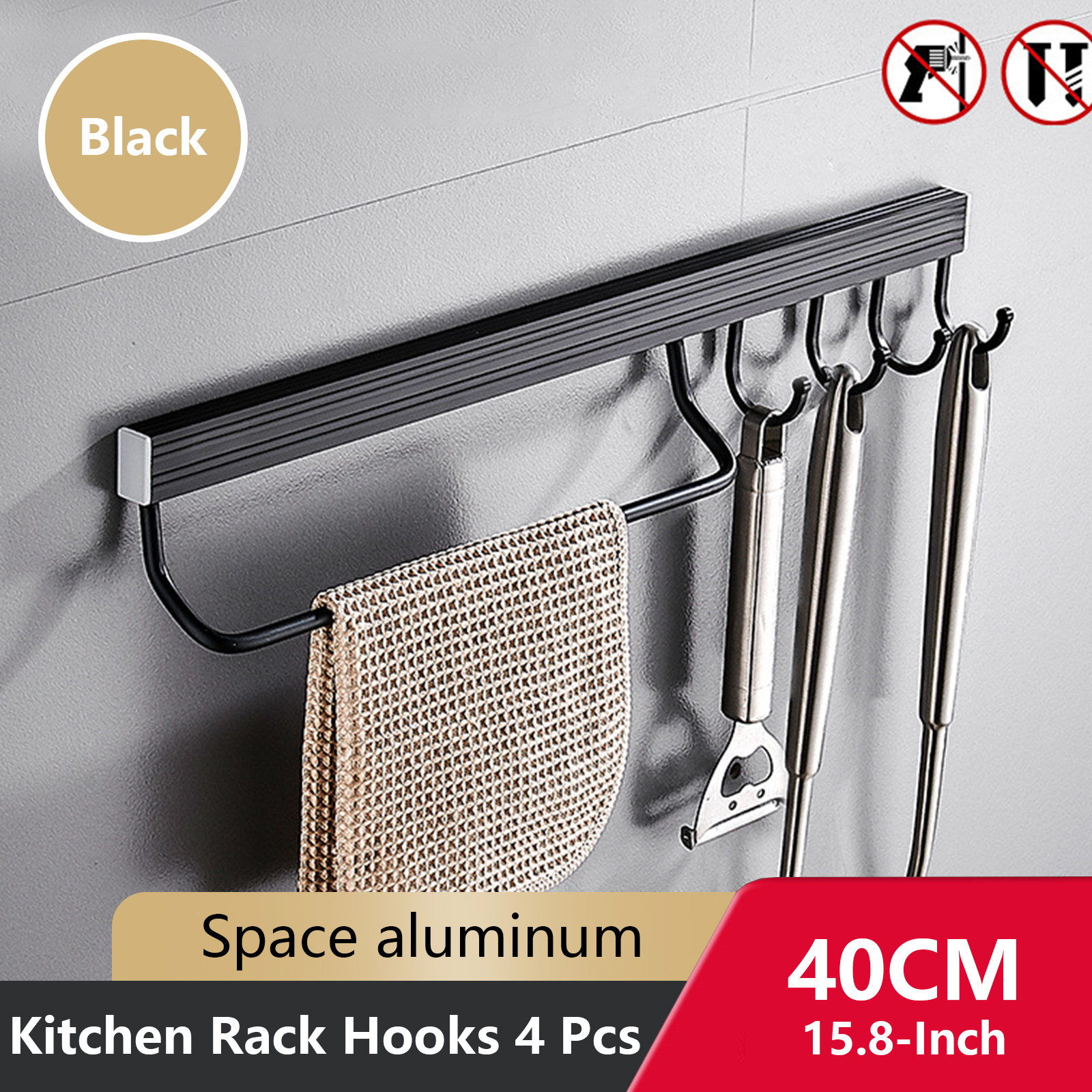 Wall Mounted Kitchen Hook Rack No-Punching Wall Hangers Rail Kitchen Utensils Rack Spoon Shovel Chopping Board Storage Rack: Orange