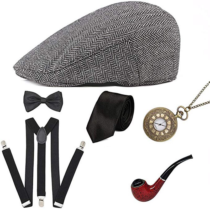 Cosplay Halloween Costumes 1920s Men&#39;s Gatsby Gangster Costume Accessories Set 30s Manhattan Gangster Beret Y-Back Suspender: Beige