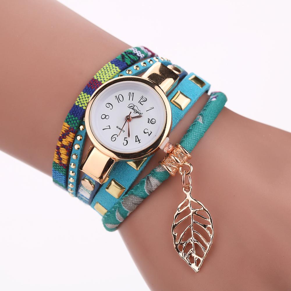 Duoya Mode Vrouwen Armband Horloge Goud Quartz Horloge Vrouwen Jurk Lederen Casual Armband Horloges: Blauw