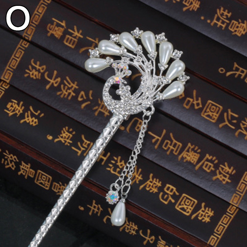 Vintage Chinese Style Hair Stick metalowe pałeczki Rhinestone kobiety Tassel kwiat perłowy spinka do włosów spinka do włosów biżuteria akcesoria: O
