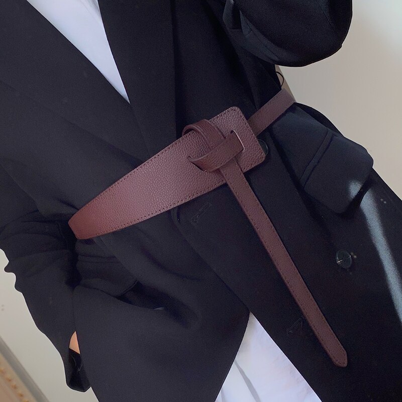 Cinturón largo ancho de cuero para mujer, cinturones de corsé anudados en la cintura, negro, falda, abrigo, accesorios de ropa