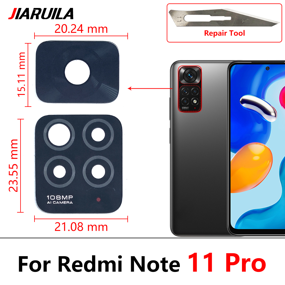 2 sztuki / partia ， Szklany obiektyw tylnego aparatu dla Xiaomi Redmi Note 10 10s Pro 11 Pro 11T 11s 11E 4G 5G z naklejką samoprzylepną: green