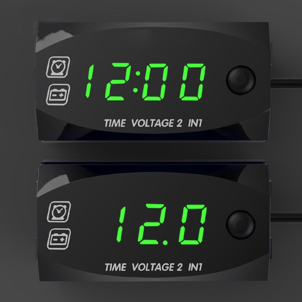 Dc 6v-30v 2 in 1 digitalt ur voltmeter motorcykel bil  ip67 vandtæt med 3 led farver panel digital displaymoniter: Grøn