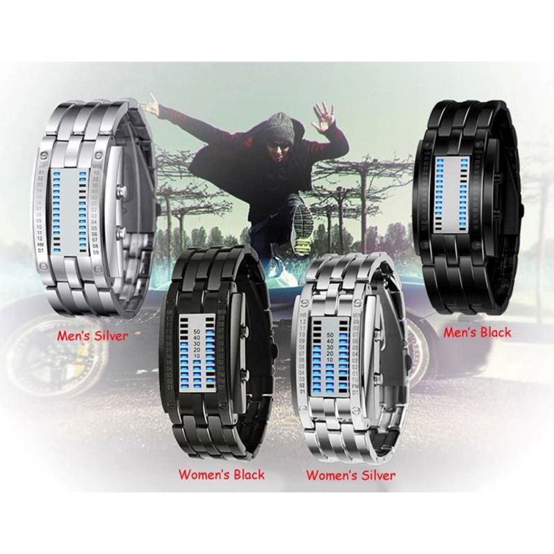 Reloj binario de acero inoxidable para hombre y mujer, pulsera Digital LED con fecha, color negro, con tecnología del futuro