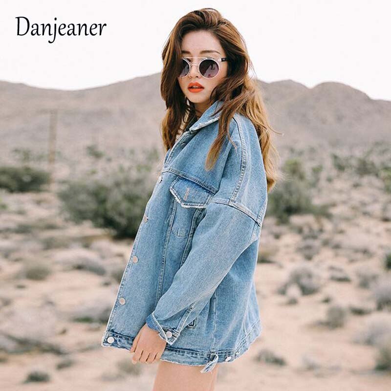 Danjeaner BF Wind Loose Large Size Denim Jacket Female Turn Down Collar Coat Casual Jean Jackets Frayed Pattern Basic Coat