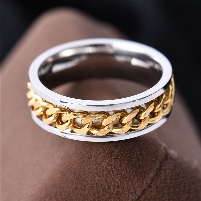 Punk Rock Men Spinner Ring Titanium Stainless Steel Gold Black Chain Rotable Rings For Women Accessories Size 6-10