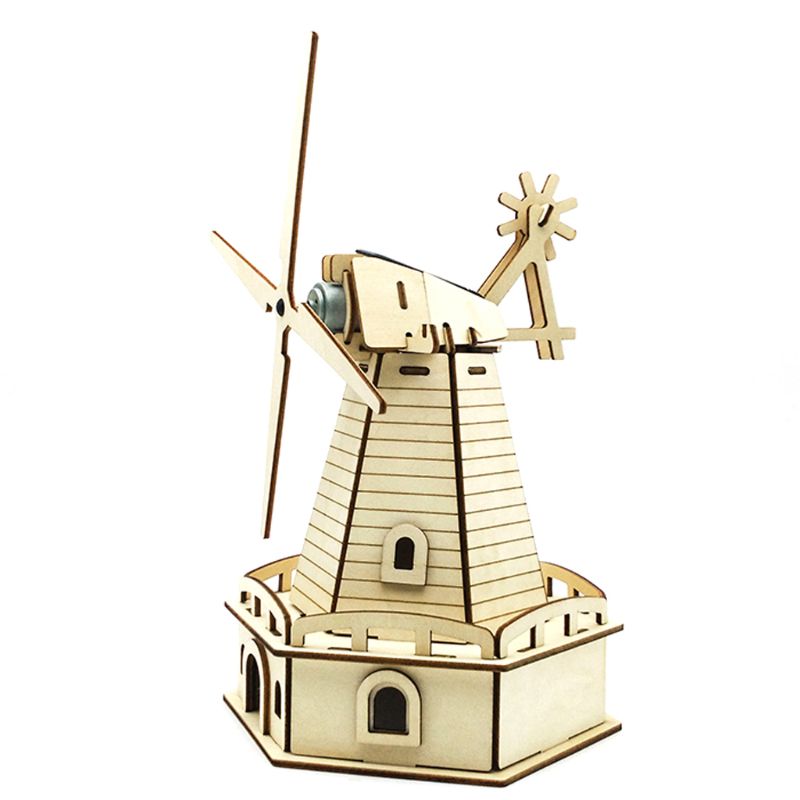 3D Assembled Wooden Puzzle Solar Energy Powered Windmill Jigsaw Model Building Kits for Adults Kids Educational Toy