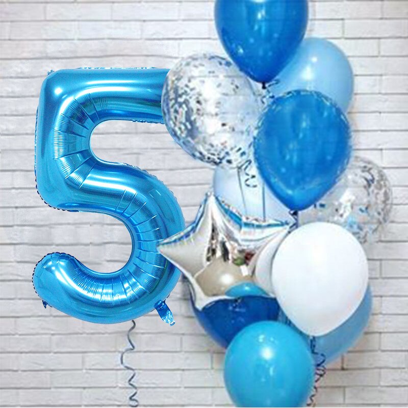 PartyLab 12Pcs/set Number Foil Latex Blue Balloons for Kids Birthday Decoration 1st One Year Birthday Boy Decor Baby Balloon: Number5 set