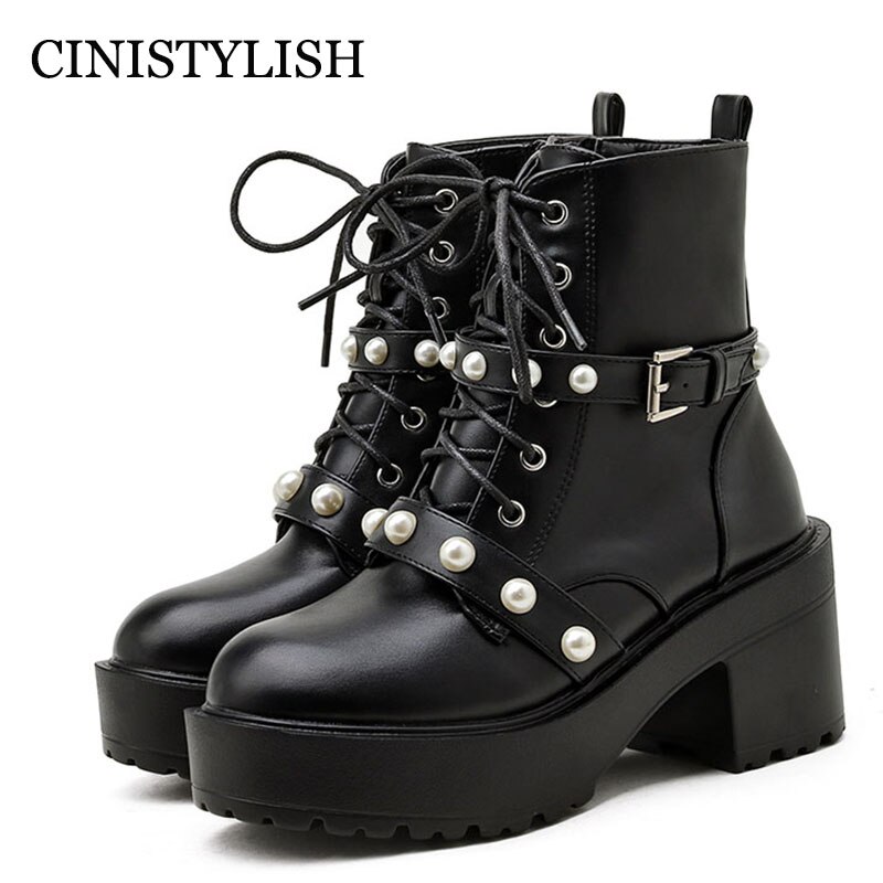 Zapatos góticos de demonio con hebilla de perla para mujer, botines de estilo gótico con plataforma Punk, botas con cordones,