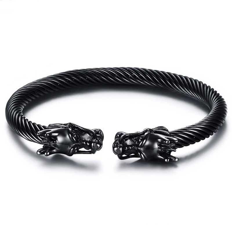 Bracelet manchette noir à deux têtes de Dragon Bracelet pour hommes garçons en acier inoxydable 316L fil entrelacé Viking Vintage bijoux masculins: Default Title