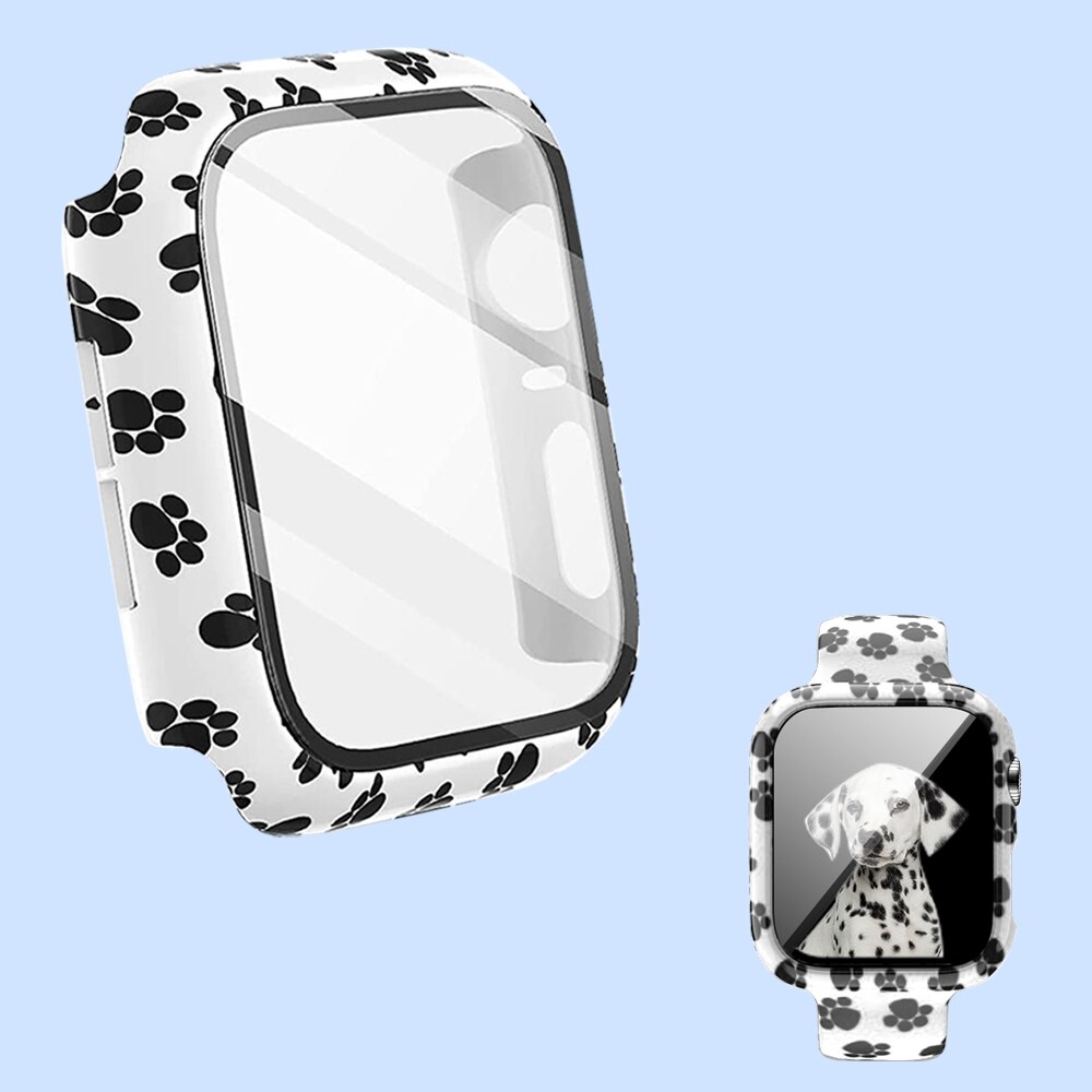Funda + cristal para Apple Watch 44mm 40mm 38mm 42mm, cubierta protectora de leopardo de para parachoques de PC duro para iWatch SE 6 5 4 3 2 1
