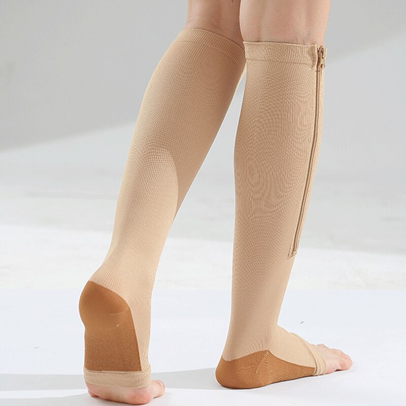 Dam dragkedja kompressionsstrumpor dragkedja benstöd knä sox öppen tå strumpa vinter varma strumpor nylon 35cm solid standard: Hudfärg koppar / S och m