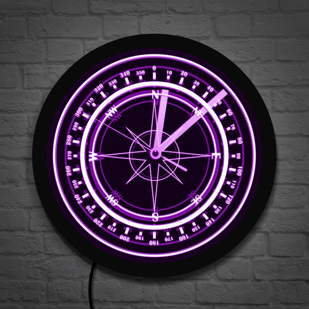 Horloge murale lumineuse Rose vent en forme de boussole | Montre murale changeante de couleur, boussole nautique, Logo, Marina marins