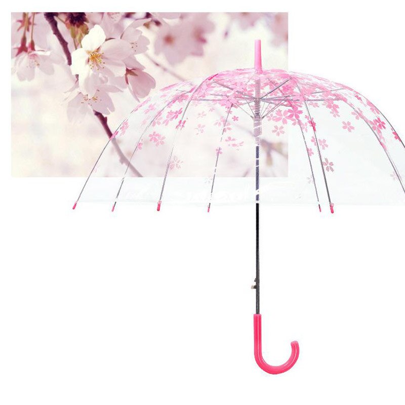 Lange Handvat Transparante Automatische Regen Paraplu Vrouwen Cherry Blossom Princess Tegen Wind Romantische Creatieve Mode Paraplu