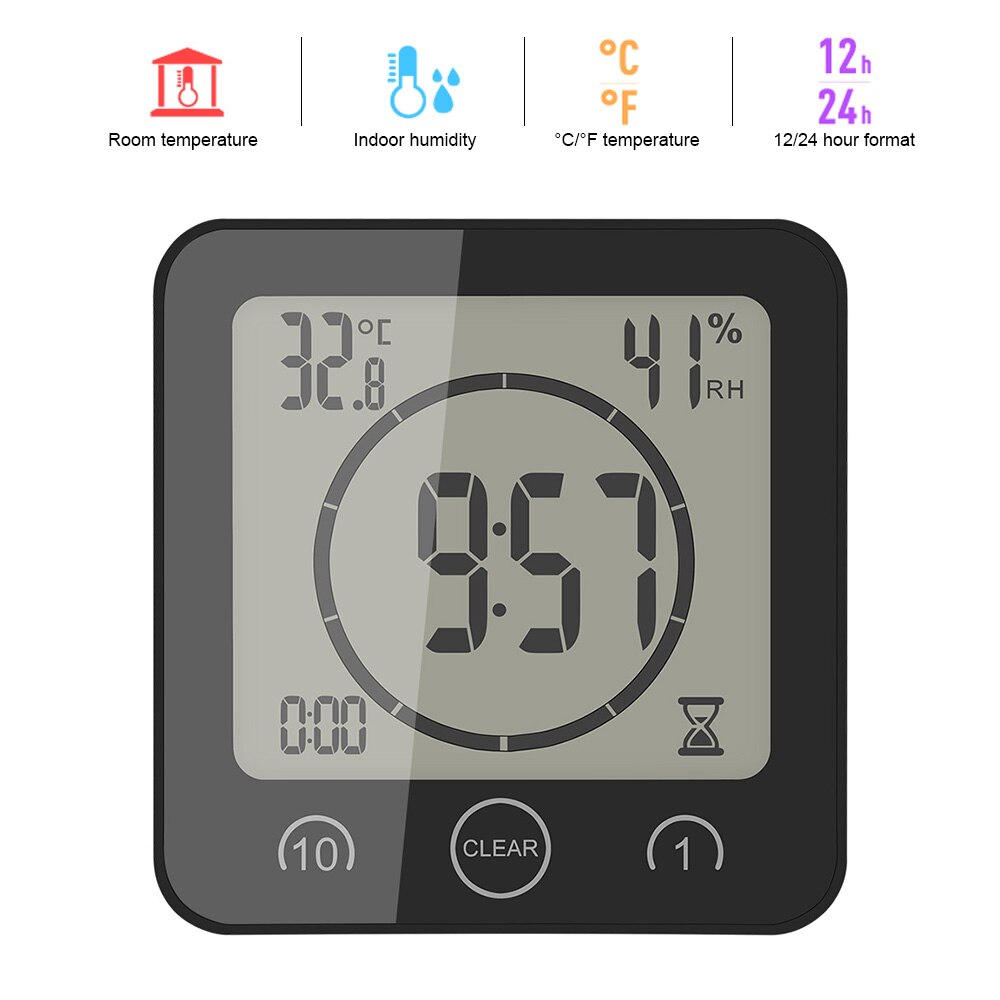 Reloj de pared con temporizador para baño, cronómetro Digital LCD con termómetro, higrómetro, ventosa: Negro