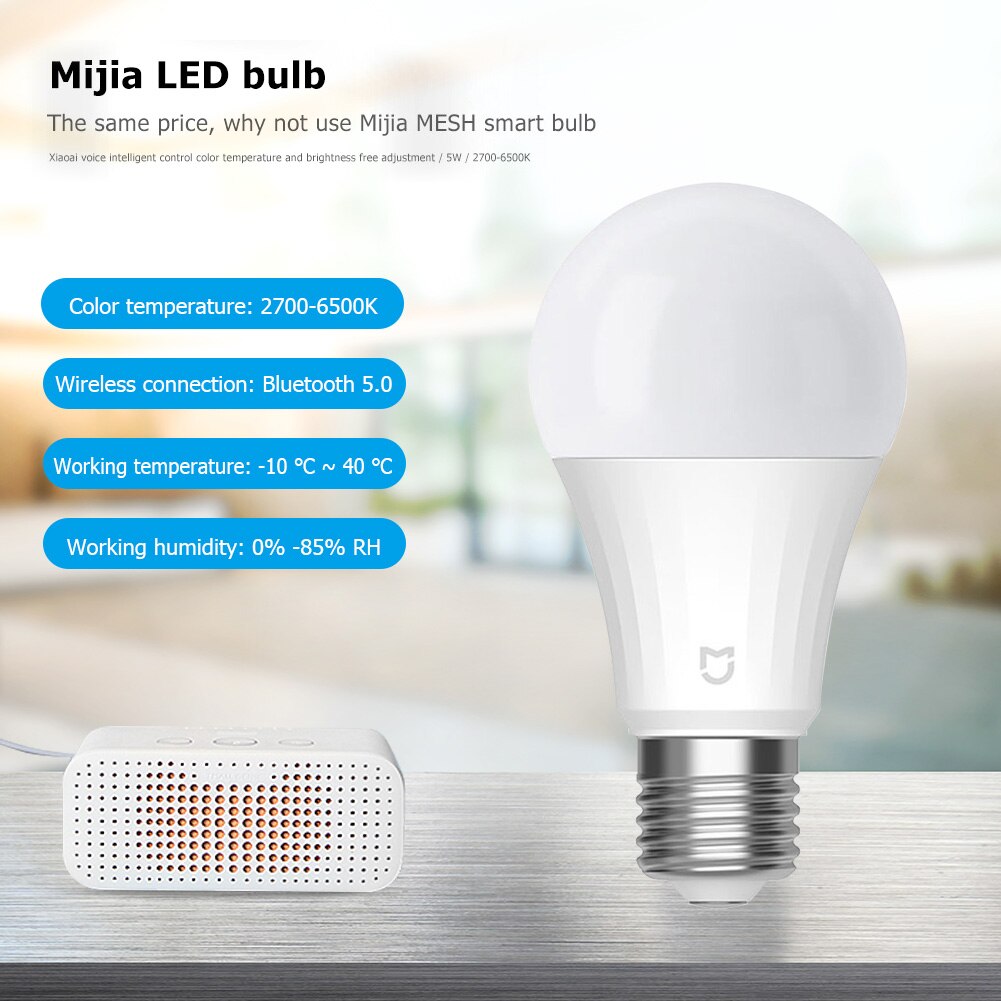 Xiaomi Mijia 5W E27 Bluetooth malla inteligente LED Bombilla 2700-6500K regulable Control de voz iluminación del hogar lámpara de noche linterna MJDP09YL