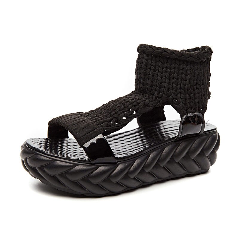 Morazora märke skor kvinna sandaler sommar platå sandaler bekväma unika gladiatorsandaler kvinnor platta fritidsskor: Svart / 5