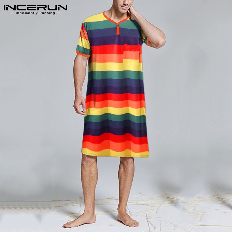 Incerun Mannen Gewaden Kleurrijke Gestreepte O Hals Korte Mouwen Homewear Cozy Leisure Nachtkleding Zomer Heren Badjassen Nachtjapon S-3XL