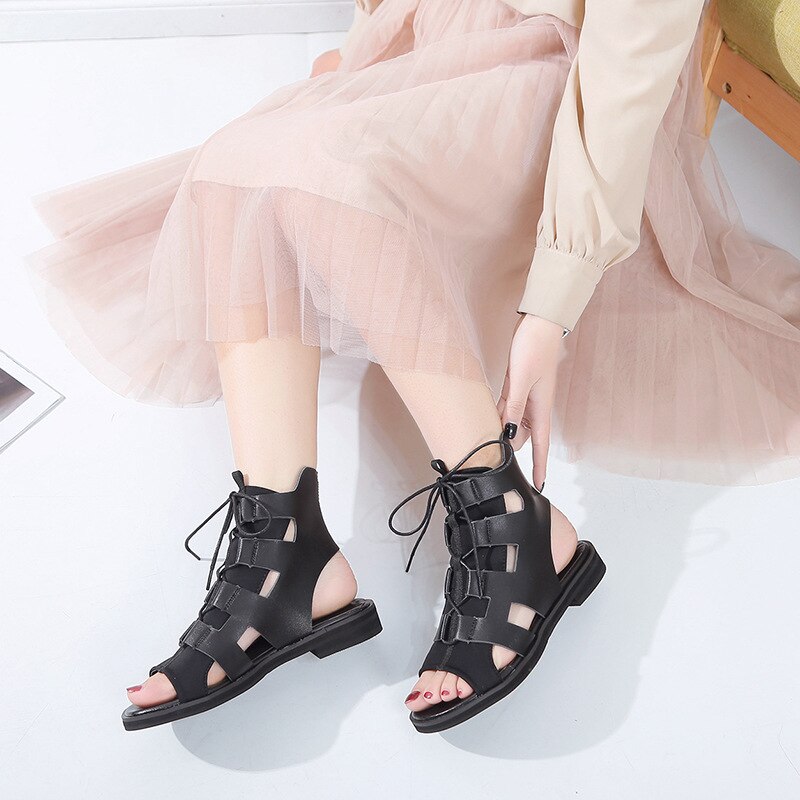 Plus-Size Riem Vis Mond Sandalen Voor Vrouwen Lente En Zomer Zwarte Slingback Platte Sandalen Voor Vrouwen 'S Romeinse Schoenen
