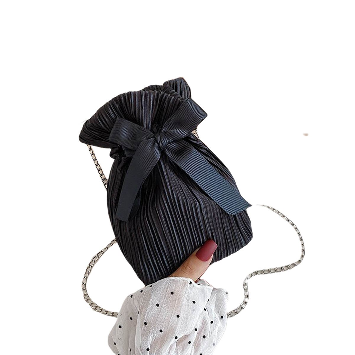 Merk damestassen crossbody-tassen dames draagbare emmervormige decoratieve metalen schouderbanden tassen: Zwart