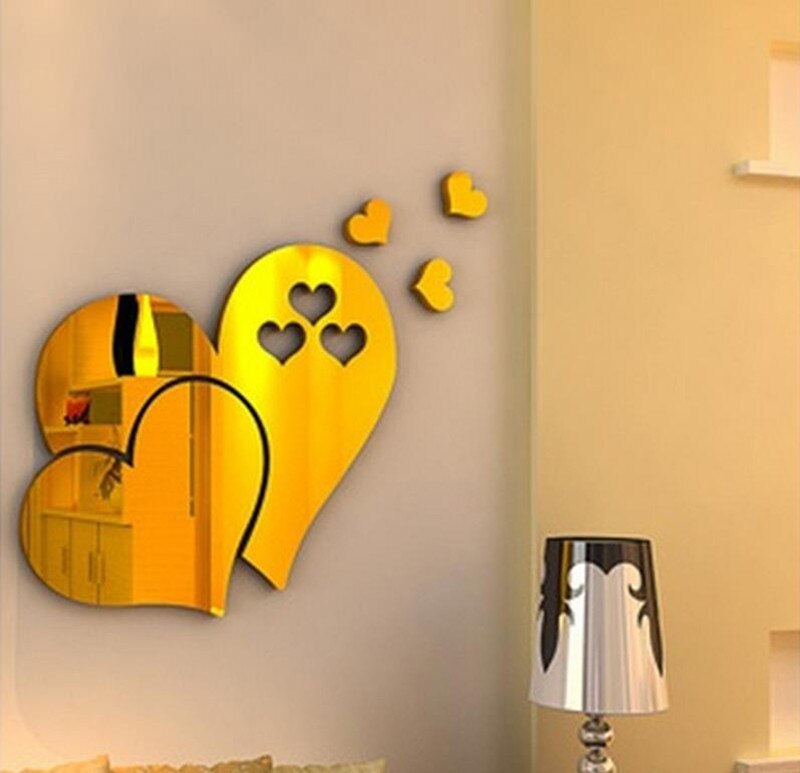 Espejo 3D adhesivo con de amor y corazón para pared, calcomanía artesanal, Mural artístico para habitación o casa, decoración de fondo de TV con patrones de bricolaje en forma de corazón extraíble: Oro