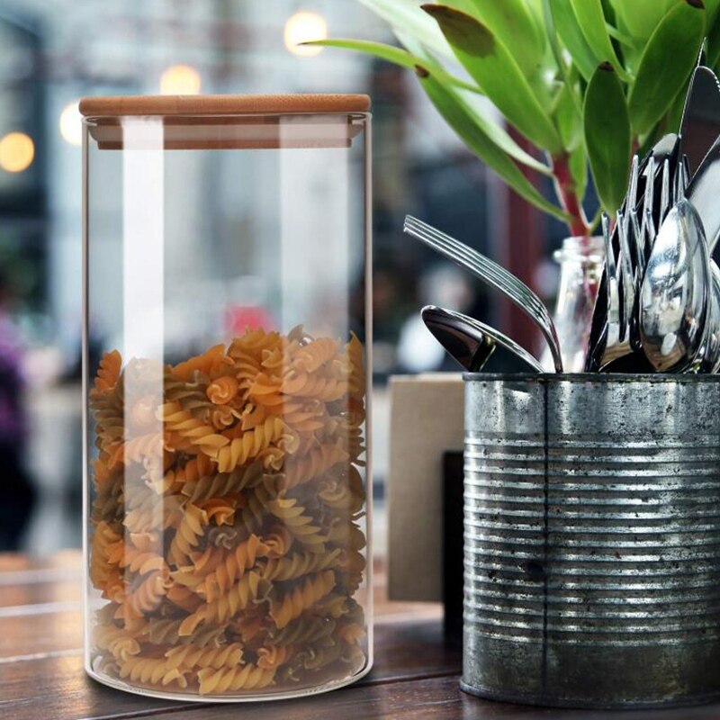 Glazen voorraadpot, met luchtdichte afsluiting bamboe deksel , 7.9 x 3.94 in , set  of 2, 1300ml koffiebonen en keukenvoedselcontainer theepot
