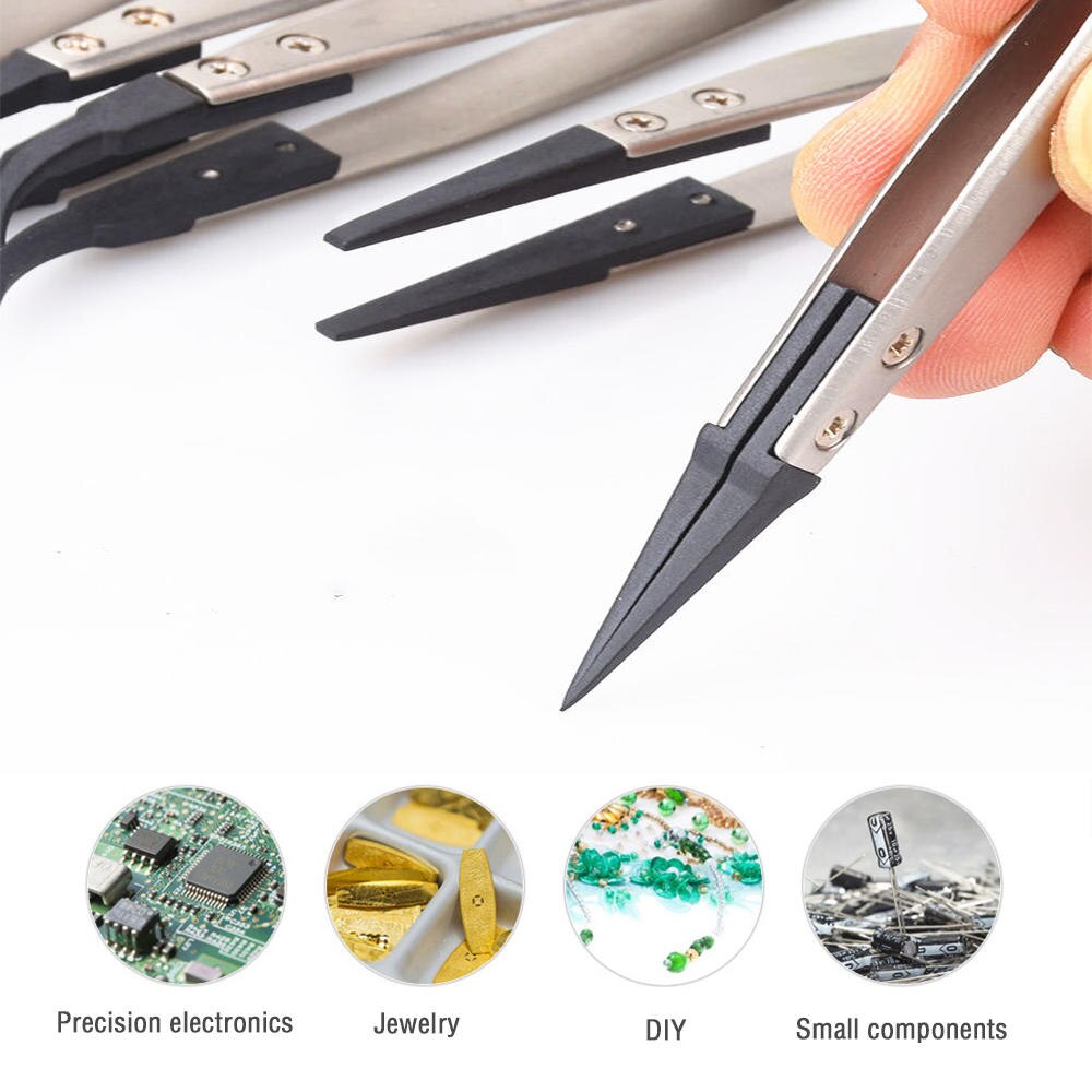 1pcs ESD Anti-Static Tweezers With Replaceable Tips Full Stainless Steel Body Carbon Fiber Conductive Plastic
