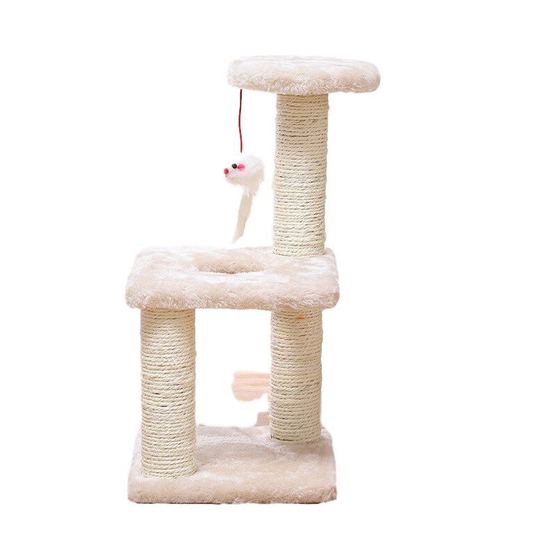 Krabpaaltoren, grappige krabpaal voor katten, beschermend meubilair, klimboom voor katten, krabpaal met bungelende speeltjes voor katten: Beige wit