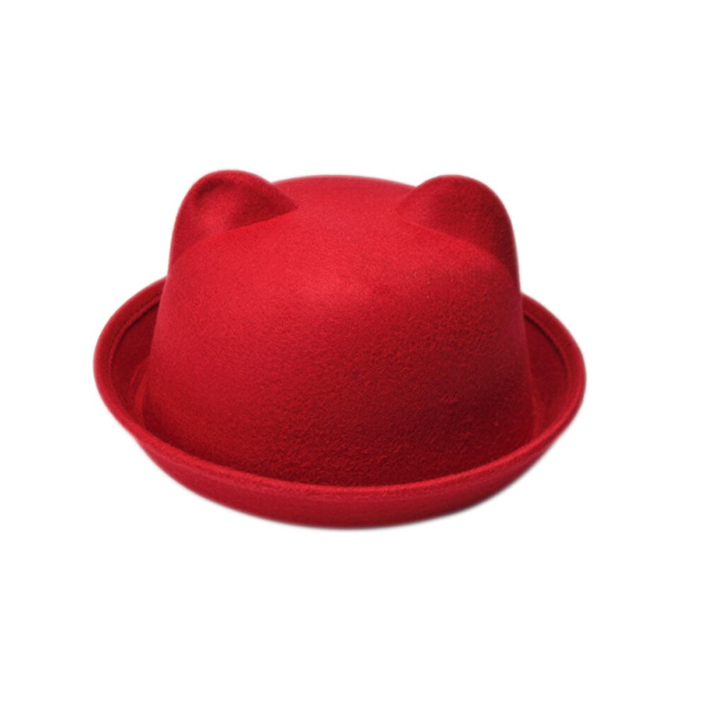 Women Cat Ears Cap Jazz Bowler Felt Fedora Hat Spring Autumn Cylinder Caps Bonnet: Red
