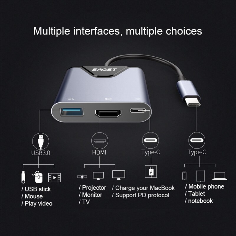 Eaget Usb C Hdmi Kabel, Type C Naar Hdmi Hub Adapter , USB-C Hdmi Converter, voor Macbook Huawei Mate 30 Pro CH08