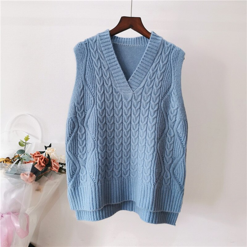 Våren kvinners vest kort trend strikket genser vest vest i koreansk stil ytre slitasje vest: Blå